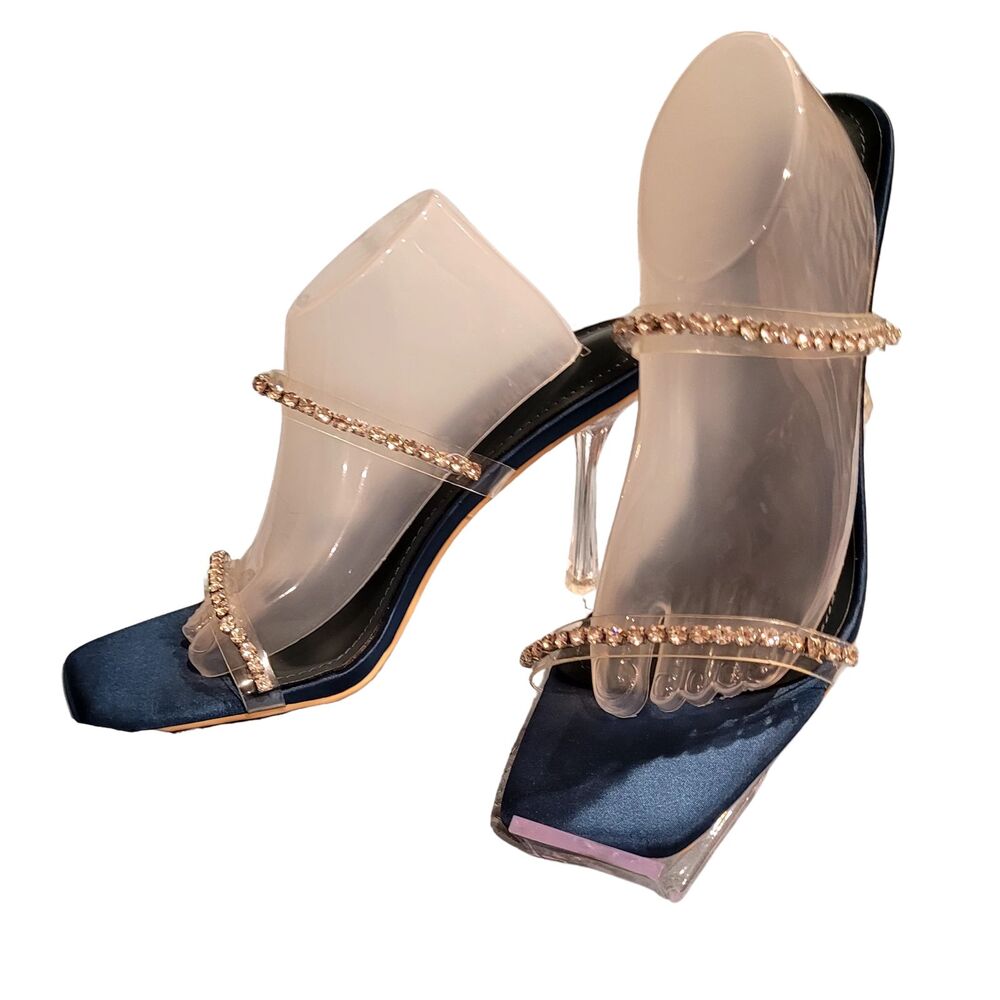 Cape Robbin Teal Satin Acrylic Stiletto Rhinestone Straps Slide On Wedding Heels